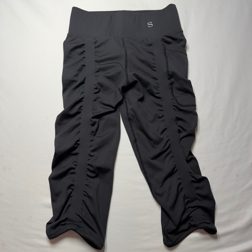Skinnify High Waisted Ruched Compression Capri Leggings Womens Small Black